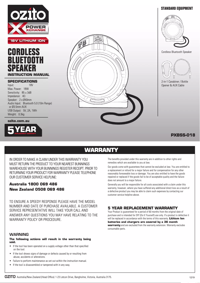 Page 1 de la notice Manuel utilisateur Ozito PXBSS-018
