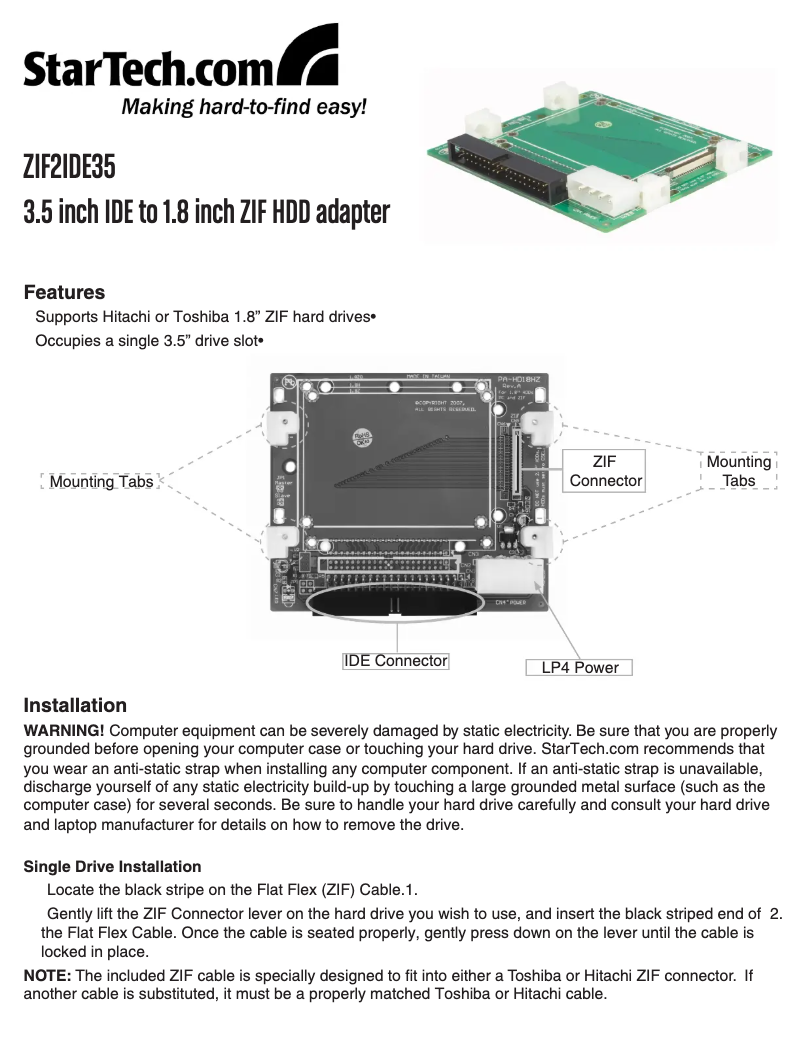 Page 1 de la notice Manuel utilisateur StarTech.com ZIF2IDE35