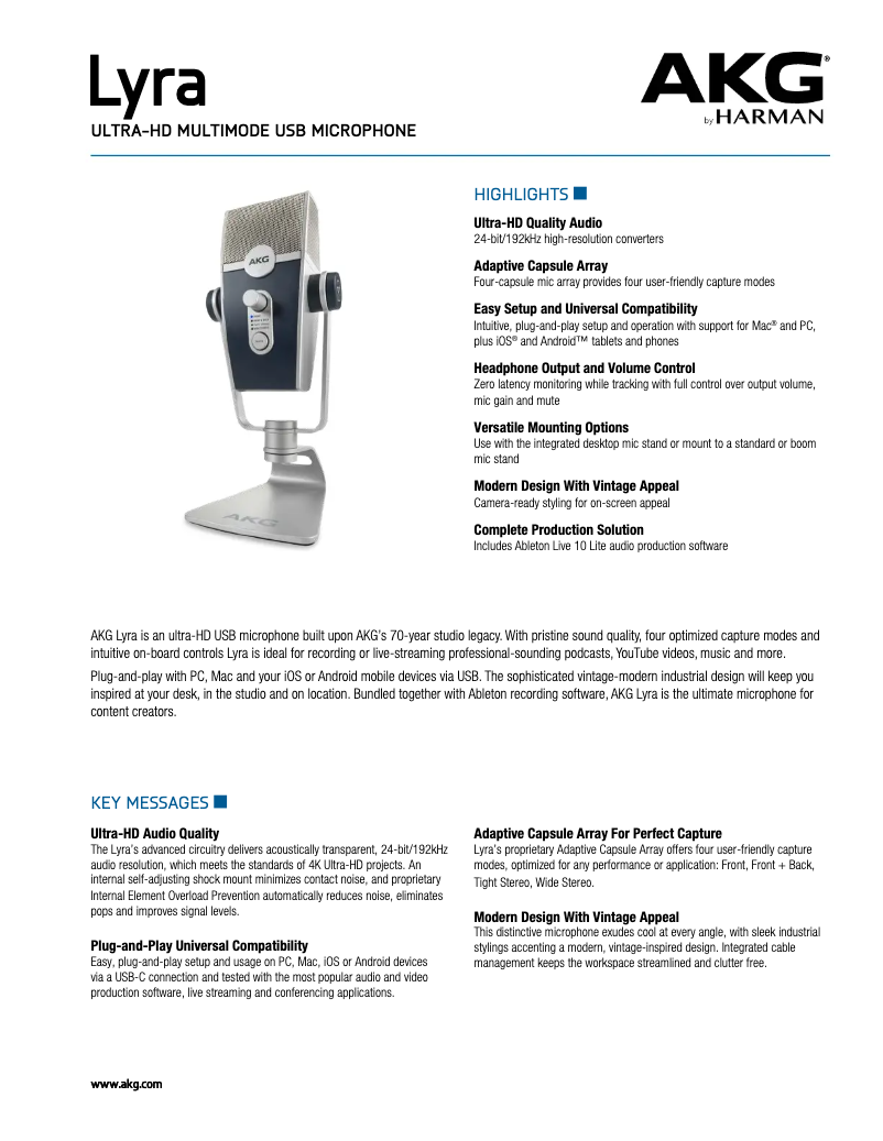 Page 1 de la notice Fiche technique AKG Lyra