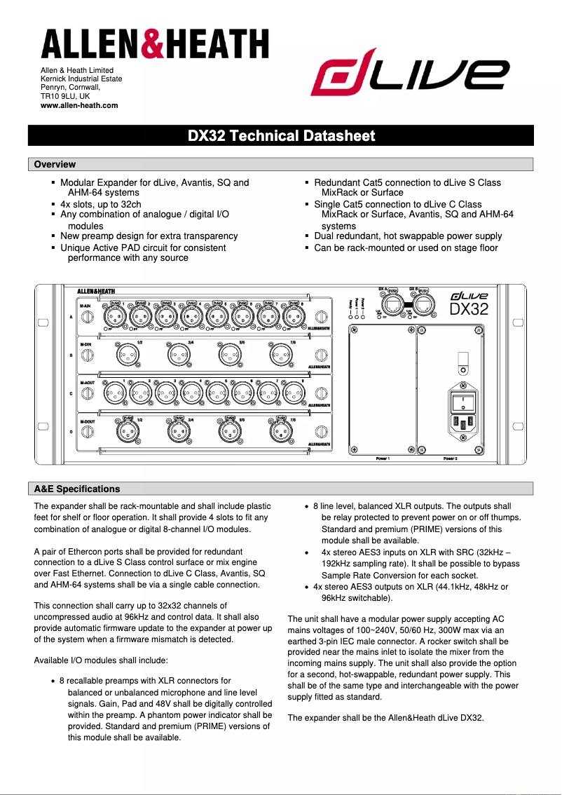 Page 1 de la notice Fiche technique Allen & Heath DX32