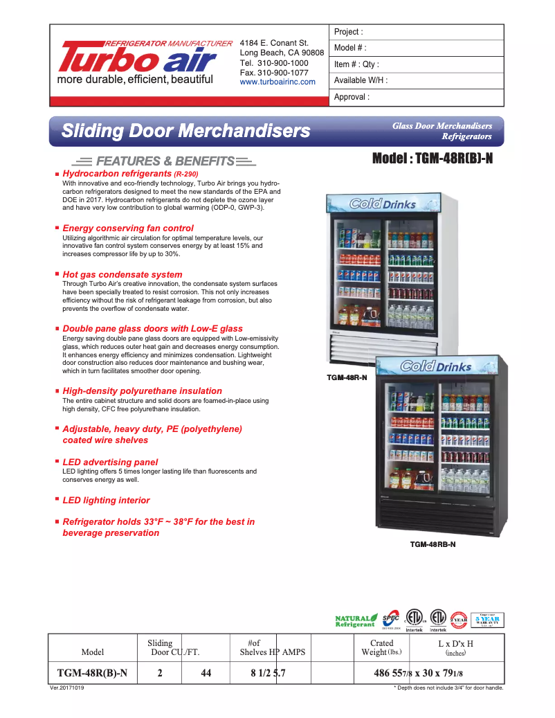 Página 1 del manual Ficha técnica Turbo air TGM-48R