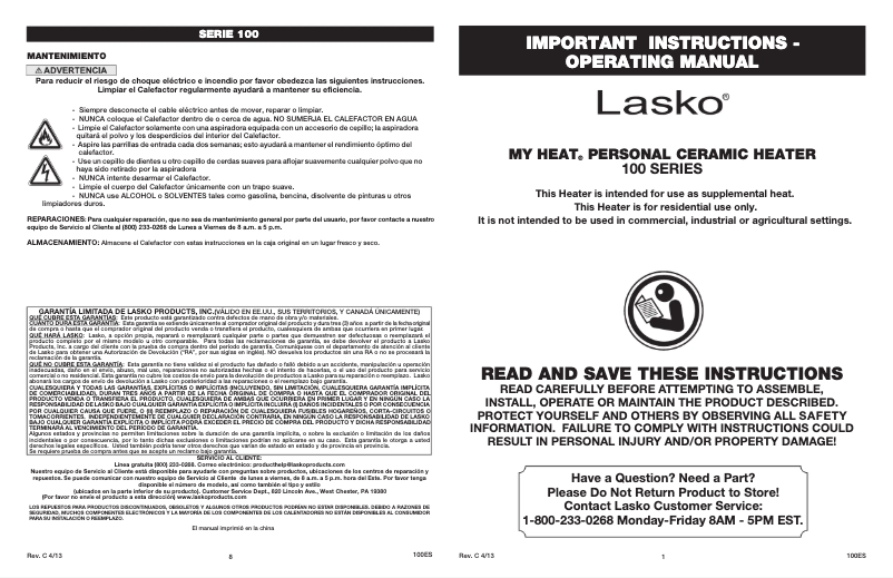 Page 1 of the manual User Manual Lasko MyHeat 102