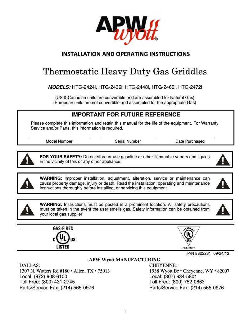 Page 1 de la notice Manuel utilisateur APW Wyott HTG-2448i