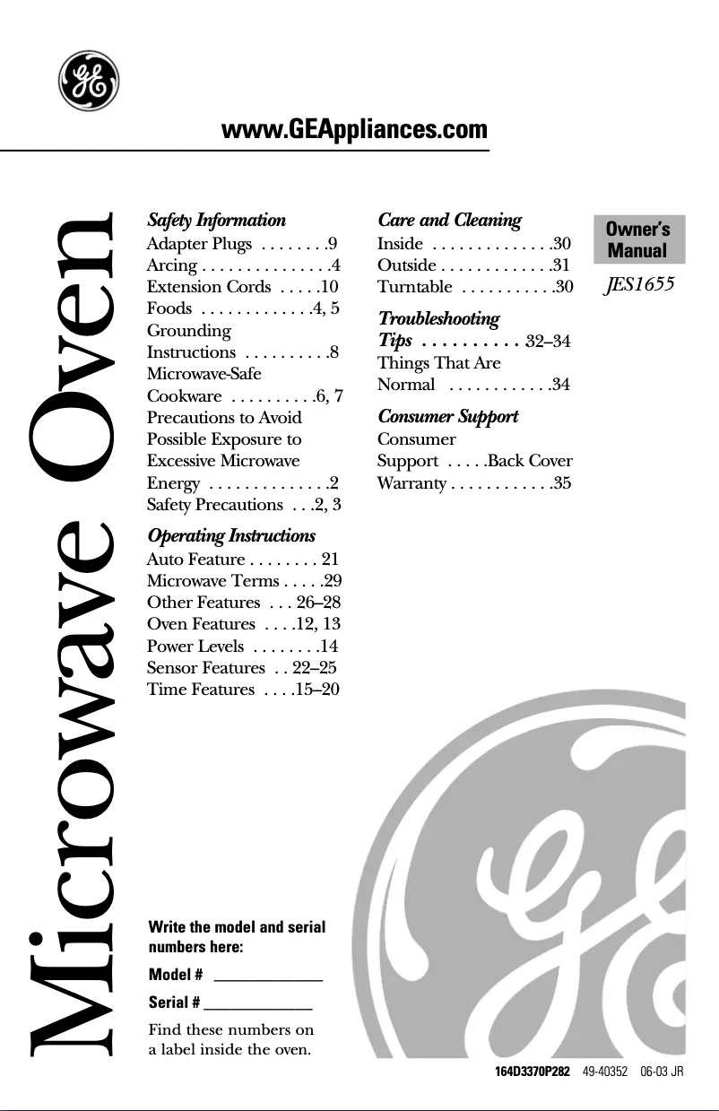 Page 1 de la notice Manuel utilisateur GE JES1655WF