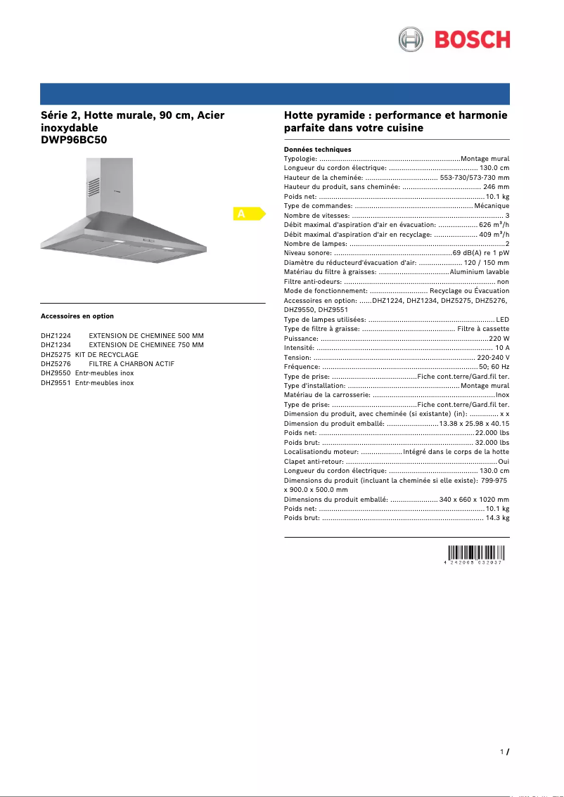 Page 1 de la notice Fiche technique Bosch DWP96BC50