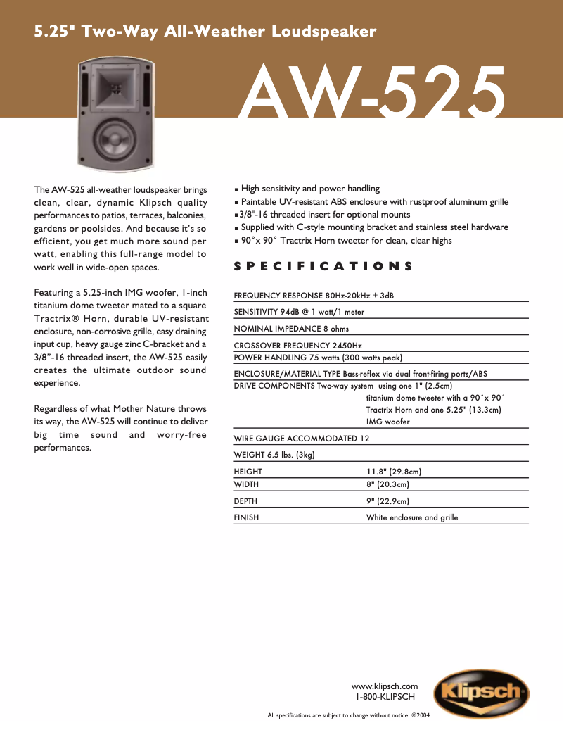 Page 1 de la notice Fiche technique Klipsch AW-525