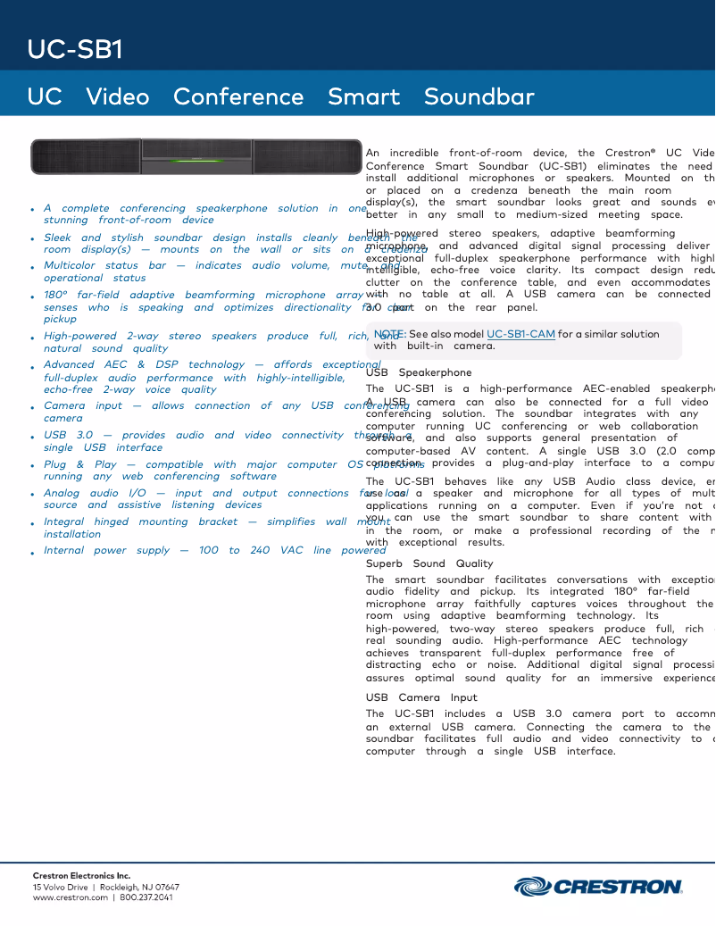 Page 1 of the manual Technical Sheet Crestron UC-SB1