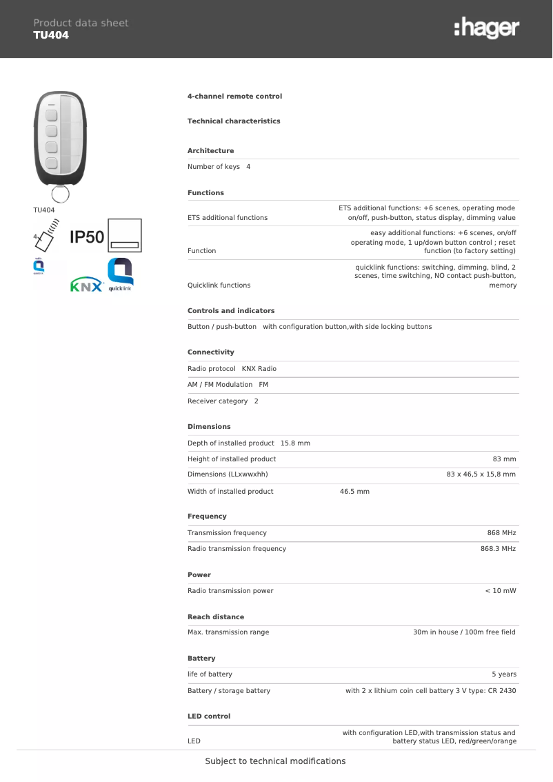 Page 1 de la notice Fiche technique Hager TU404