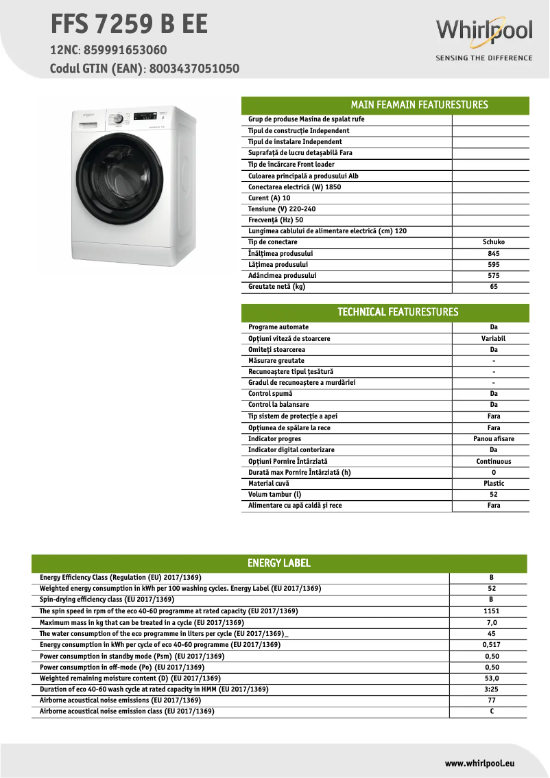 Página 1 del manual Ficha técnica Whirlpool FFS 7259 B EE