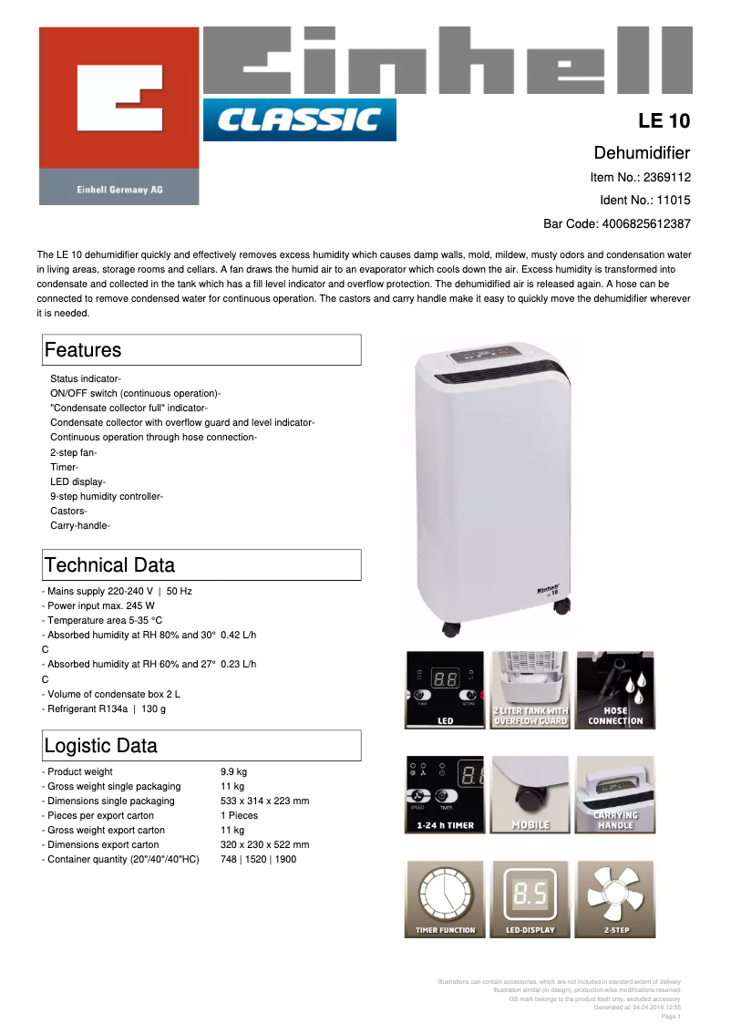 Page 1 de la notice Fiche technique Einhell LE 10