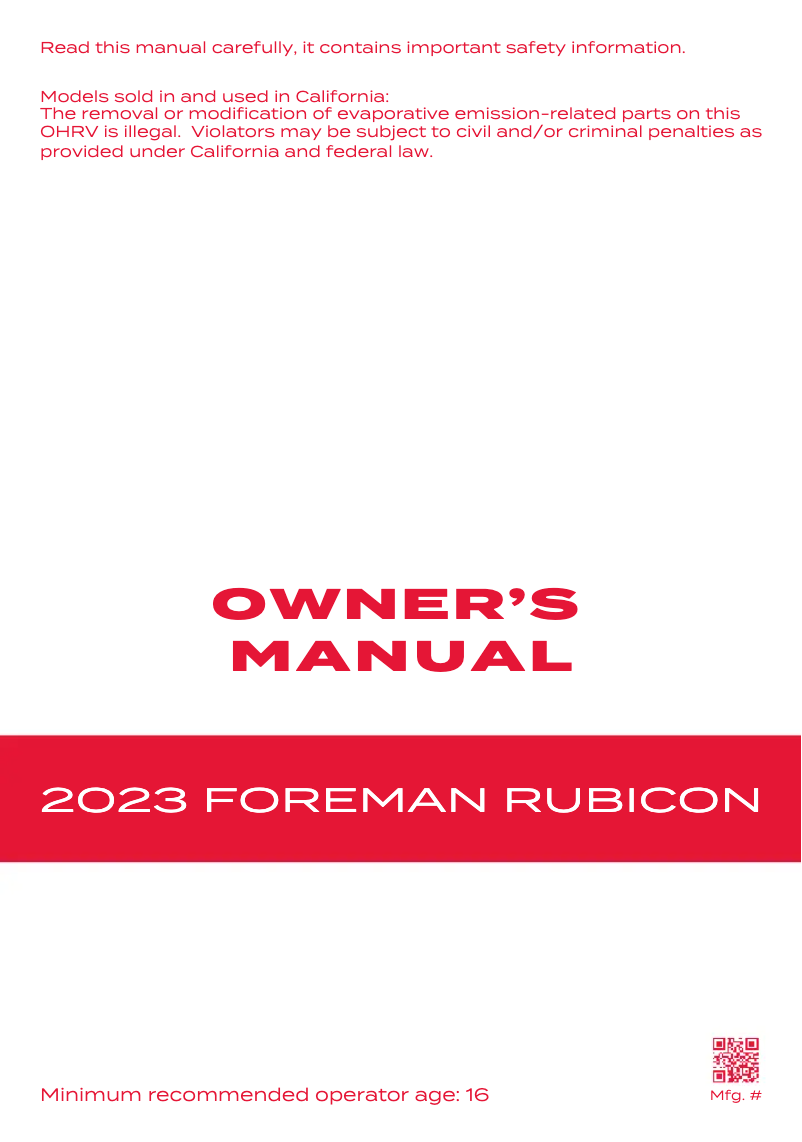 Page 1 de la notice Manuel utilisateur Honda Fourtrax Foreman Rubicon 4X4 (2023)