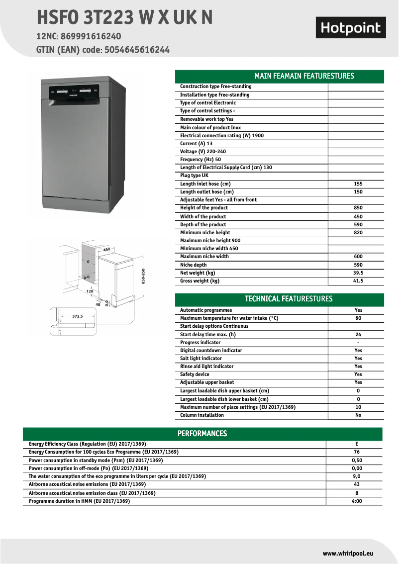 Página 1 del manual Ficha técnica Hotpoint HSFO 3T223 W X UK N