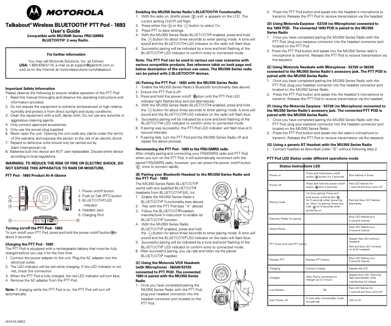 Page 1 de la notice Manuel utilisateur Motorola 1693