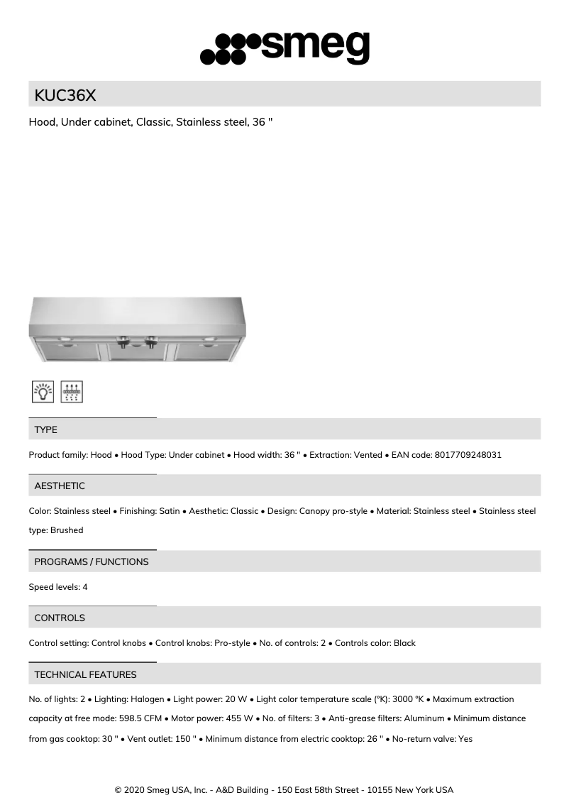 Page 1 de la notice Fiche technique Smeg KUC36X