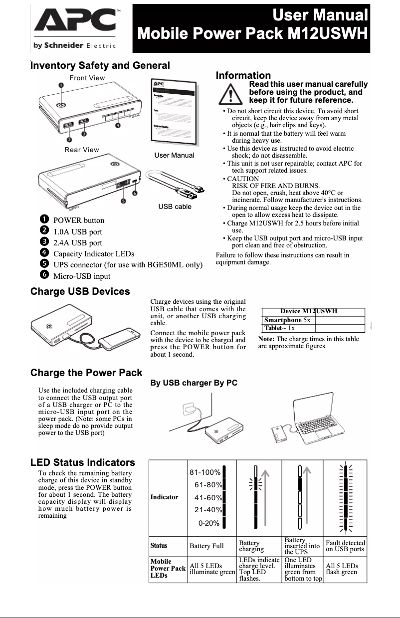 Page 1 of the manual User Manual APC Mobile Power Pack M12USWH