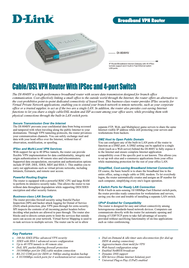 Page 1 de la notice Fiche technique D-Link DI-804HV