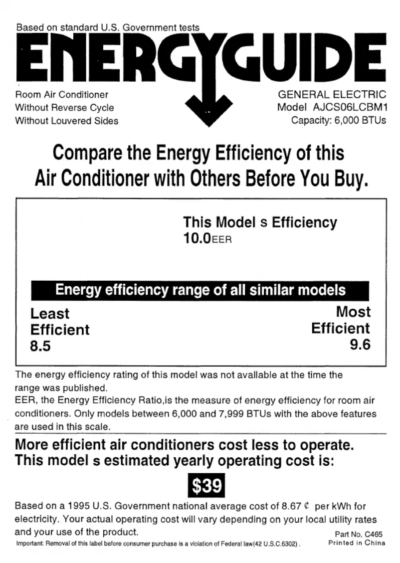 Página 1 del manual Etiqueta energética GE AJCS06LCB