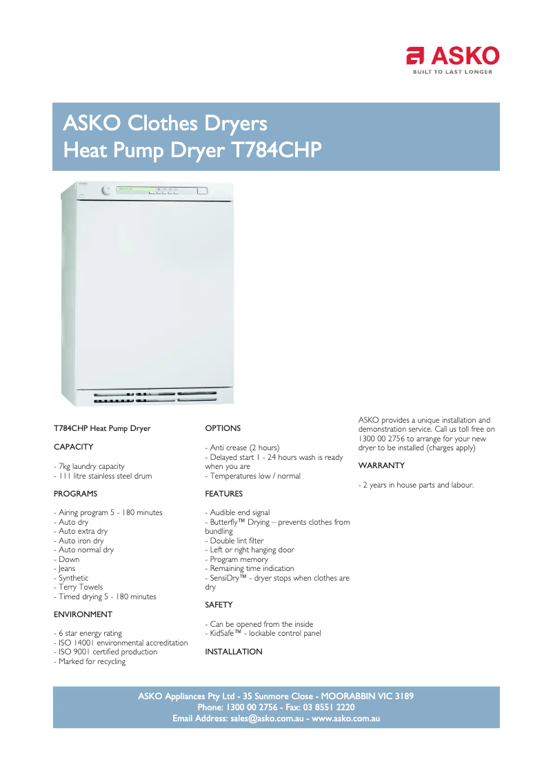 Page 1 de la notice Fiche technique Asko T784CHP