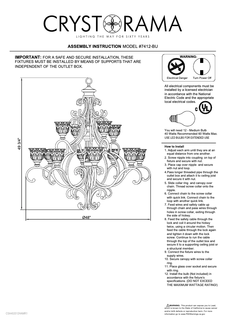 Page 1 de la notice Manuel utilisateur Crystorama Norwalk 7412-BU