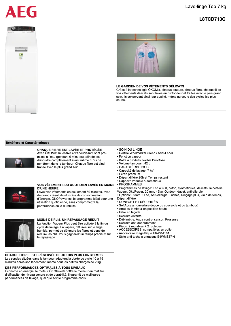 Page 1 de la notice Fiche technique AEG L8TCD713C