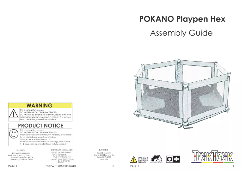 Page 1 de la notice Manuel utilisateur TikkTokk Pokano Playpen Hex