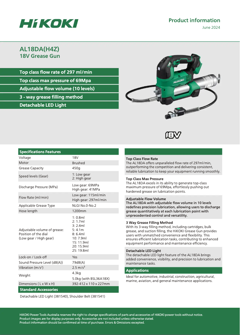 Page 1 de la notice Fiche technique HiKOKI AL 18DA