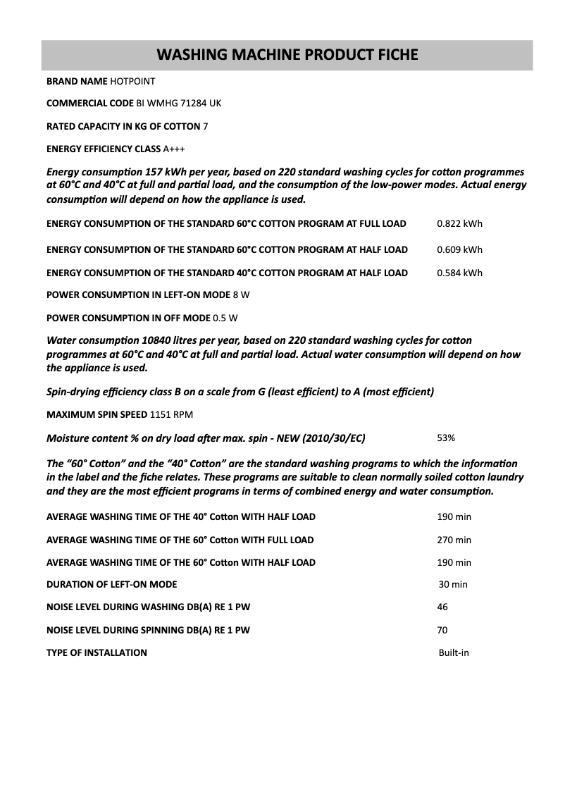 Page 1 of the manual Technical Sheet Hotpoint BI WMHG 71284 UK
