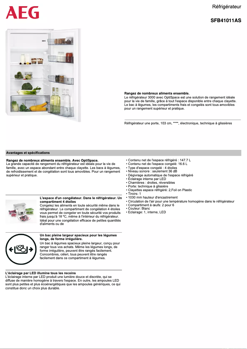 Page 1 de la notice Fiche technique AEG SFB41011AS