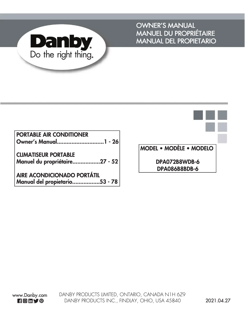 Page 1 de la notice Manuel utilisateur Danby DPA086B8BDB-6