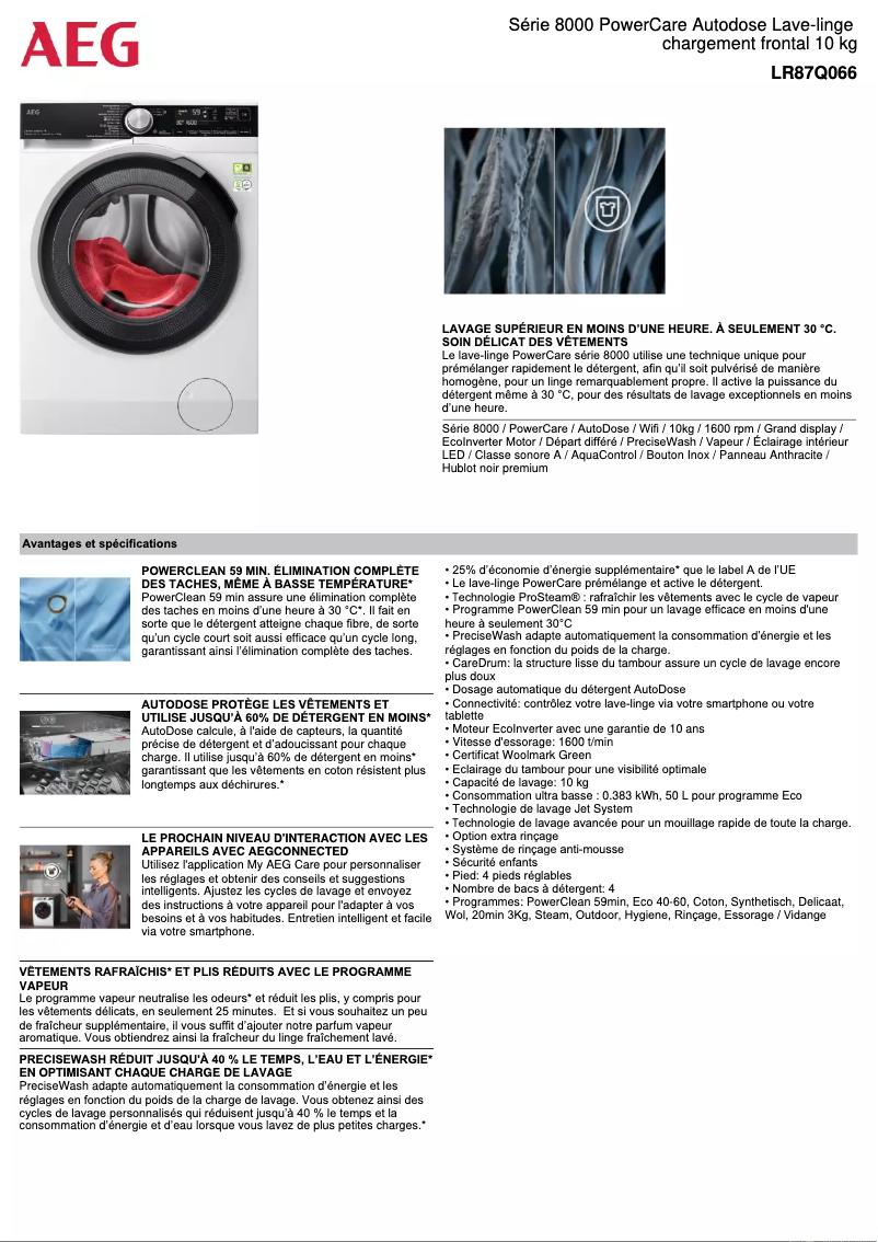 Page 1 de la notice Fiche technique AEG LR87Q066