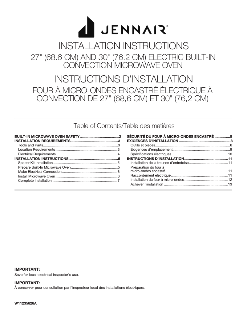 Page 1 de la notice Guide d'installation JennAir JMC2430IM