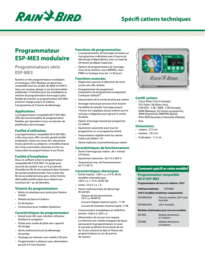 Page 1 de la notice Fiche technique Rain Bird ESP-ME3