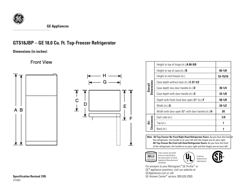 Page n°1 - Fiche technique GE GTS18JBPBB