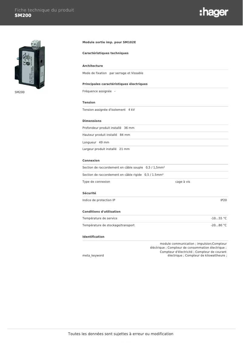 Page 1 de la notice Fiche technique Hager SM200