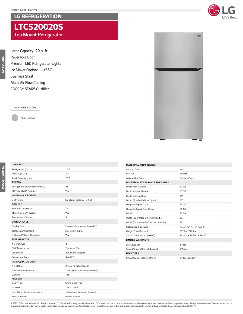 Page 1 de la notice Fiche technique LG LTCS20020S