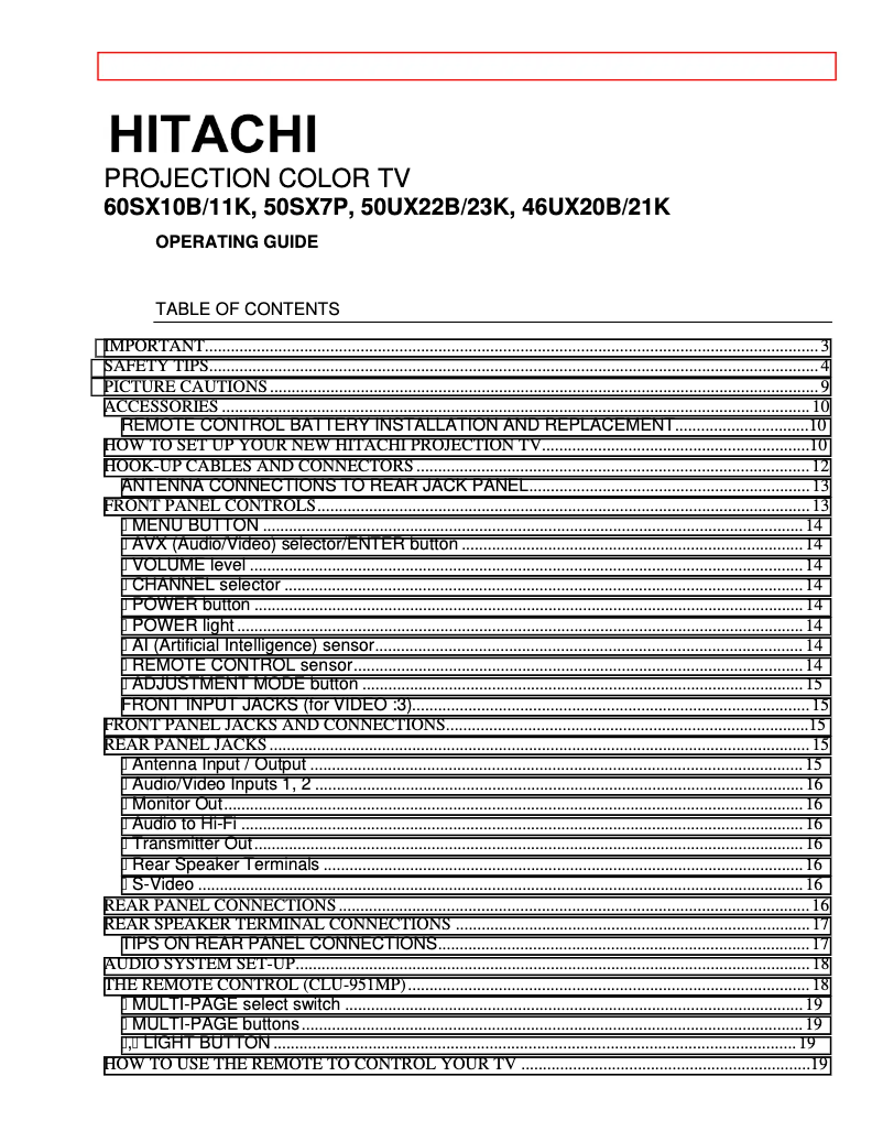 Page 1 de la notice Manuel utilisateur Hitachi 60SX10B