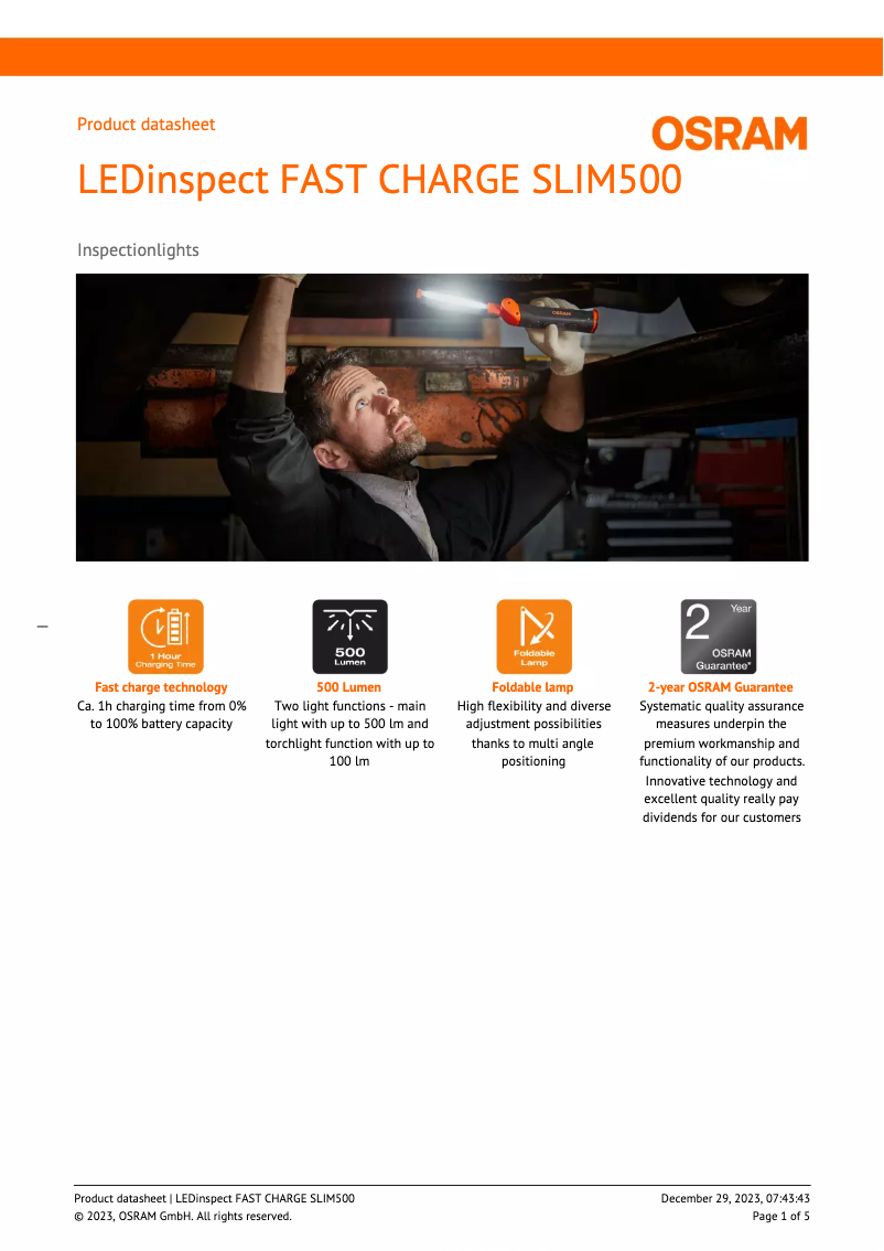 Page 1 de la notice Fiche technique Osram LEDinspect FAST CHARGE SLIM500