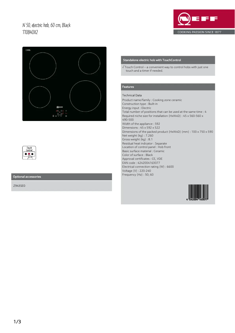 Page 1 de la notice Fiche technique Neff T10B40X2