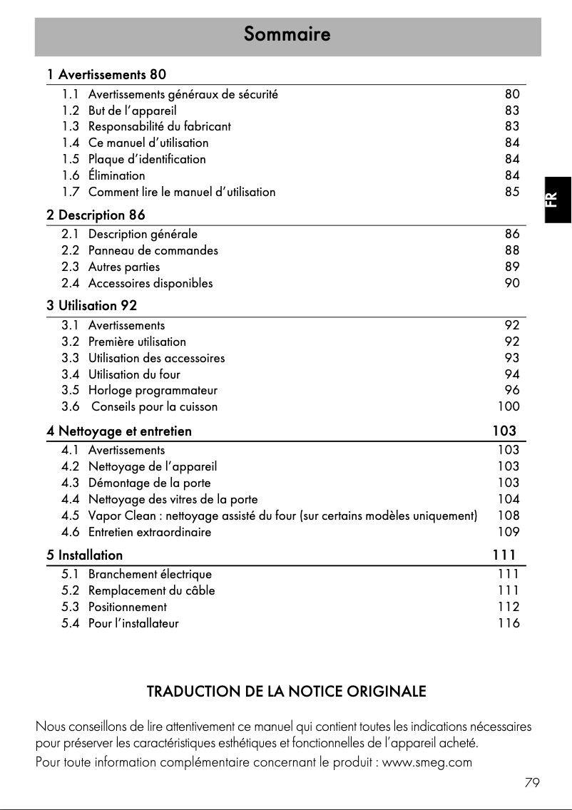 Page 1 de la notice Manuel utilisateur Smeg SF6400TVX