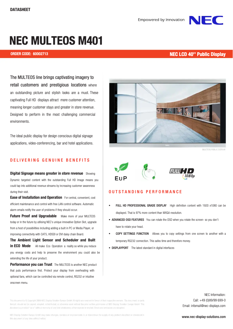 Page 1 de la notice Brochure NEC Multeos M401