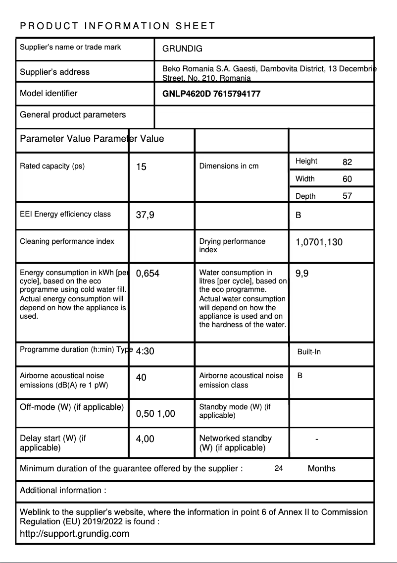 Page 1 de la notice Fiche technique Grundig GNLP4620D