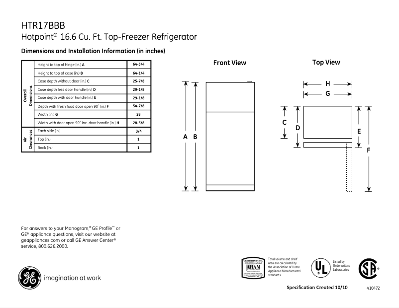 Page 1 de la notice Fiche technique Hotpoint HTR17BBBRWW