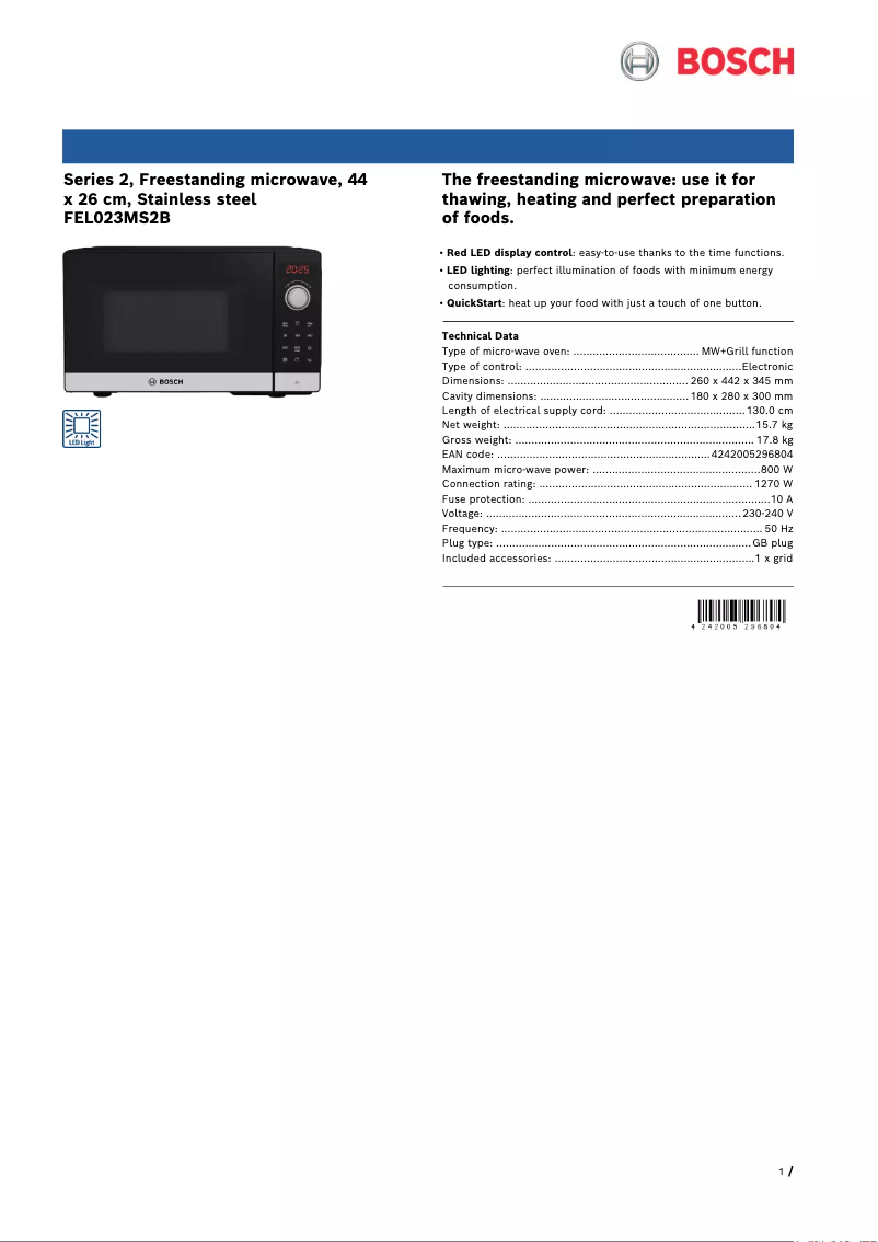 Page 1 of the manual Technical Sheet Bosch FEL023MS2B