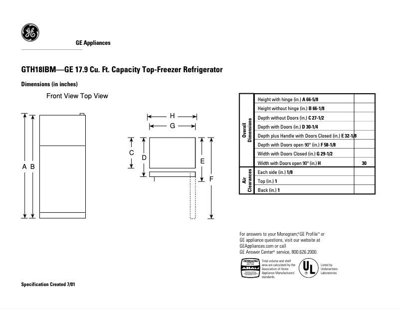 Page n°1 - Fiche technique GE GTH18IBMCC