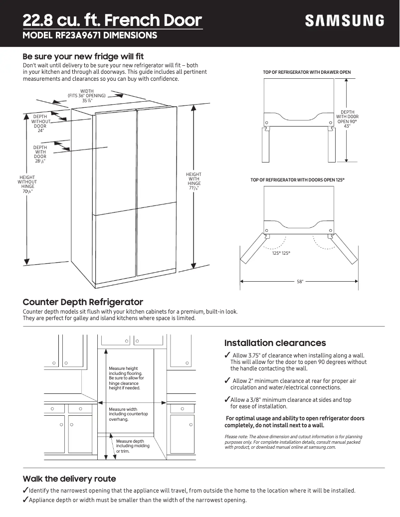 Page 1 de la notice Guide de mesure Samsung RF23A9671SR