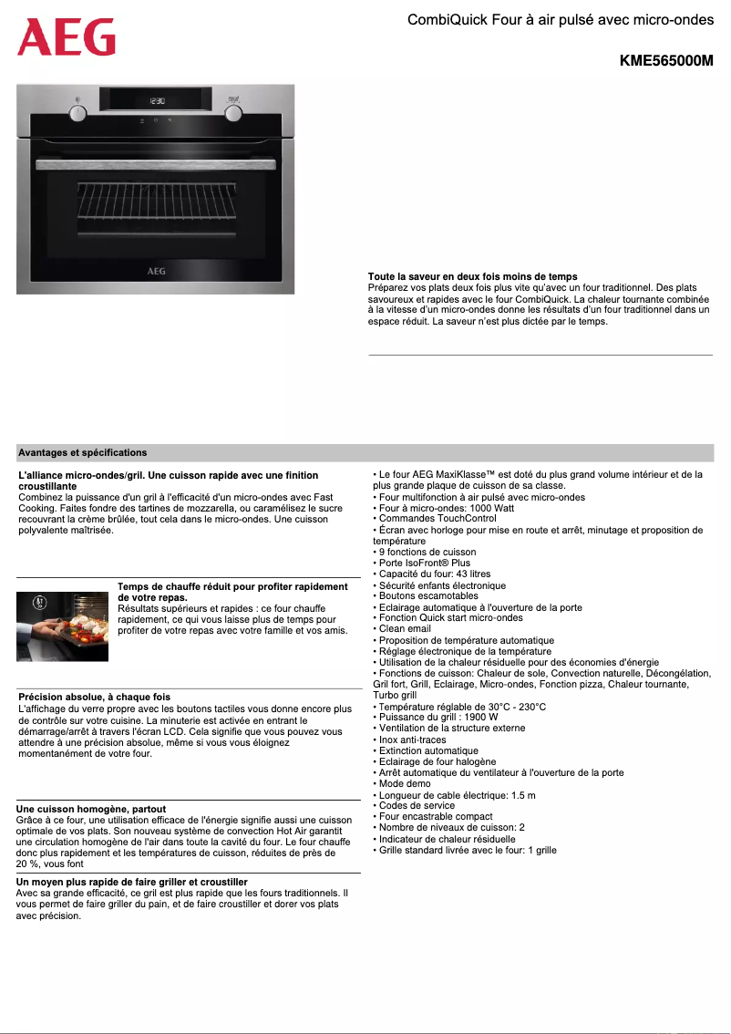 Page 1 de la notice Fiche technique AEG KME565000M