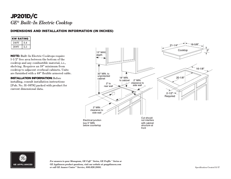 Página 1 del manual Ficha técnica GE JP201CBSS