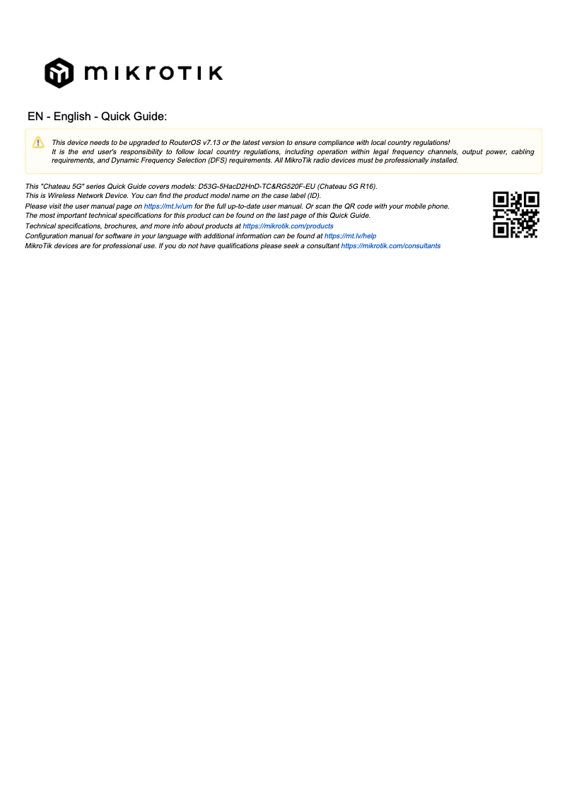 Page 1 de la notice Manuel utilisateur Mikrotik Chateau 5G