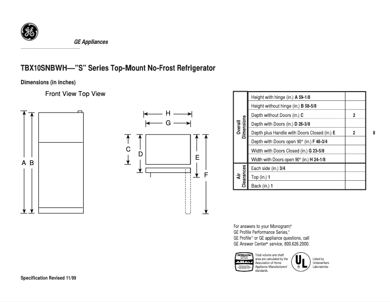 Page 1 de la notice Fiche technique GE TBX10SNBLWH