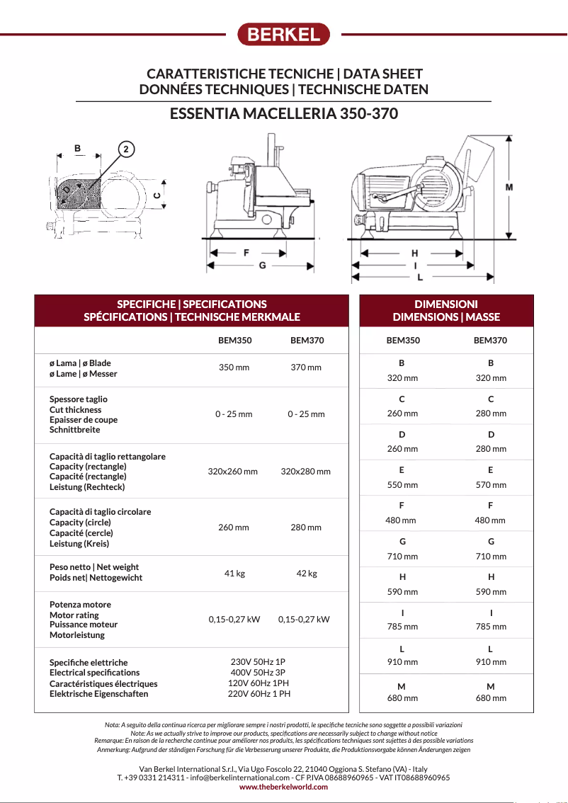 Página 1 del manual Ficha técnica Berkel Essentia Macelleria BEM370